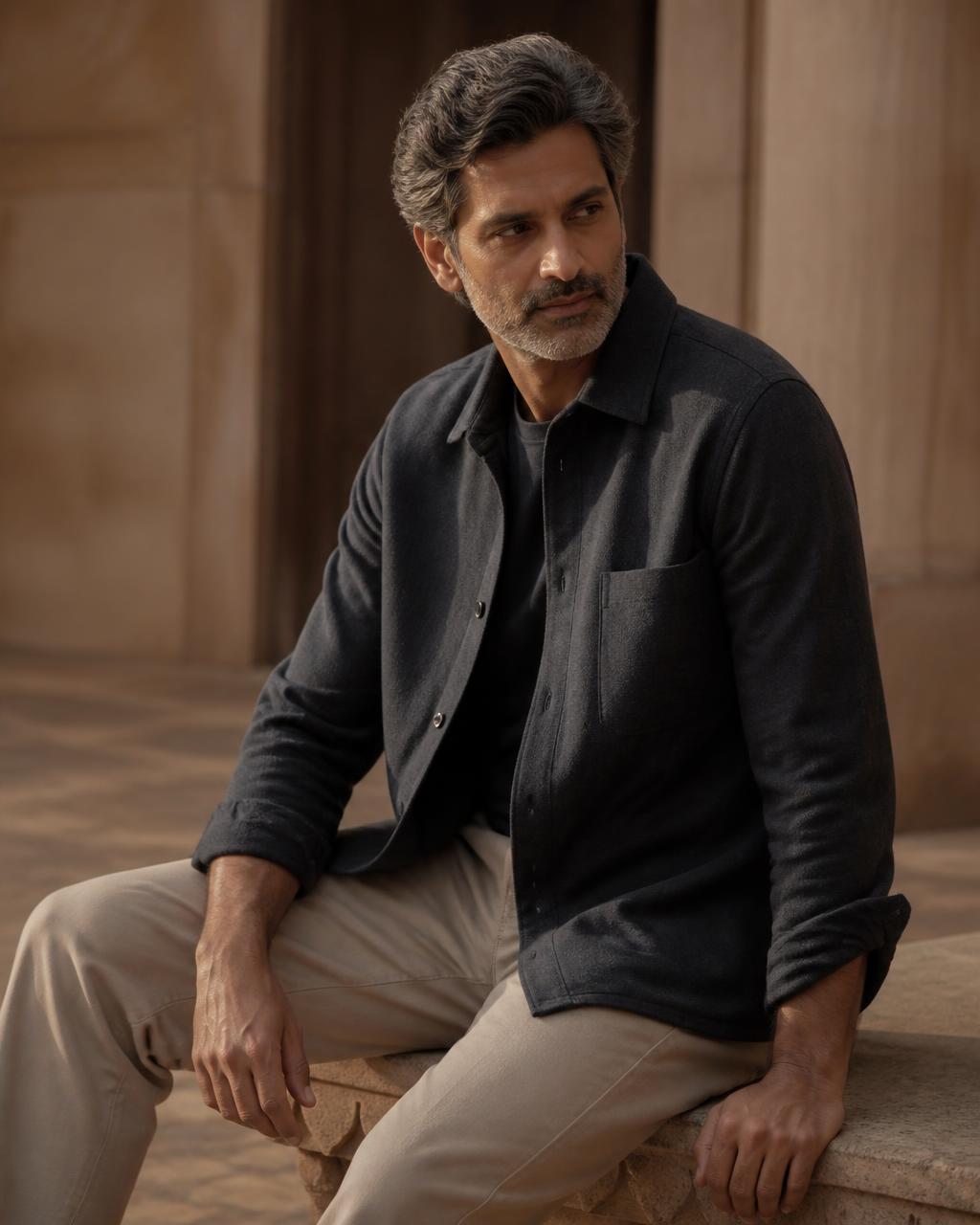 A man in a charcoal overshirt seated in a warm courtyard