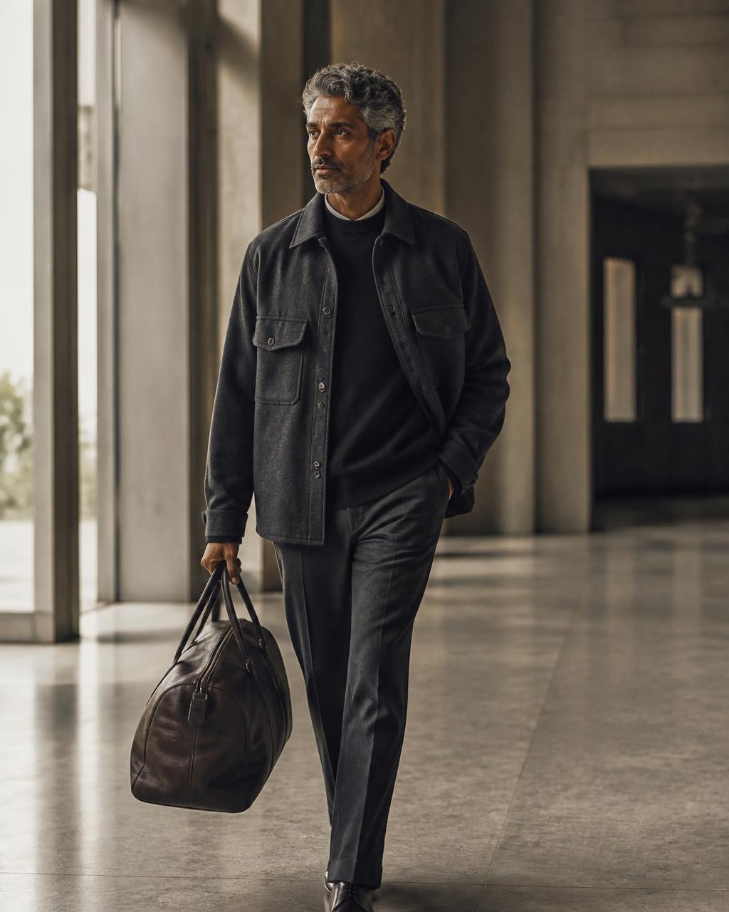 A man in a charcoal overshirt carrying a leather holdall through a calm hall